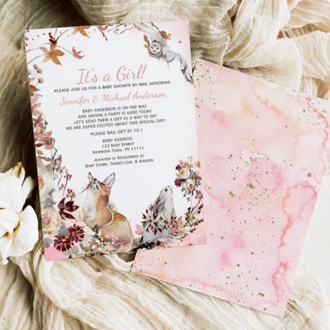 Woodland Rosa Girl Fox Bunny Baby Shower by Mail Inbjudningar (Skapare uppladdad)