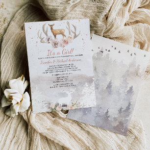 Woodland Rosa Girl Hjort Forest Baby Shower by Mai Inbjudningar