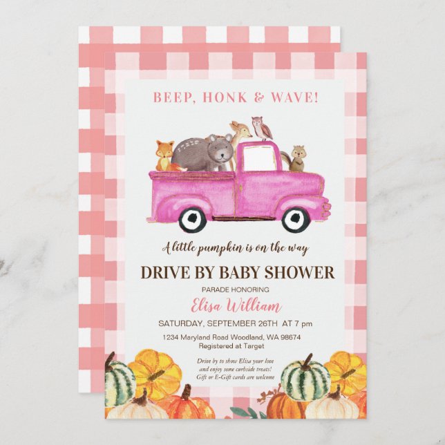 Woodland Rosa Lastbil Drive by Baby Shower Inbjudningar (Fram/baksida)