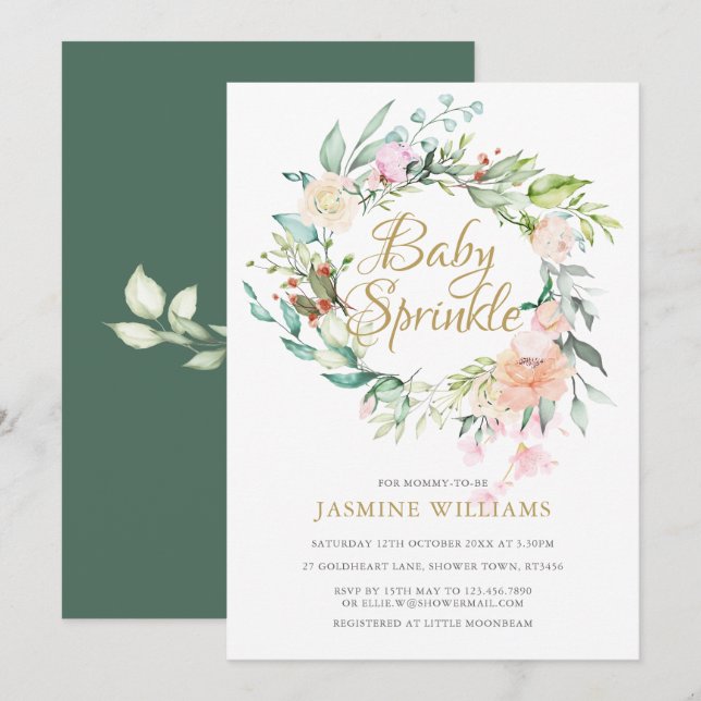 Woodland Roses Guldskrift Baby Sprinkle Inbjudningar (Fram/baksida)