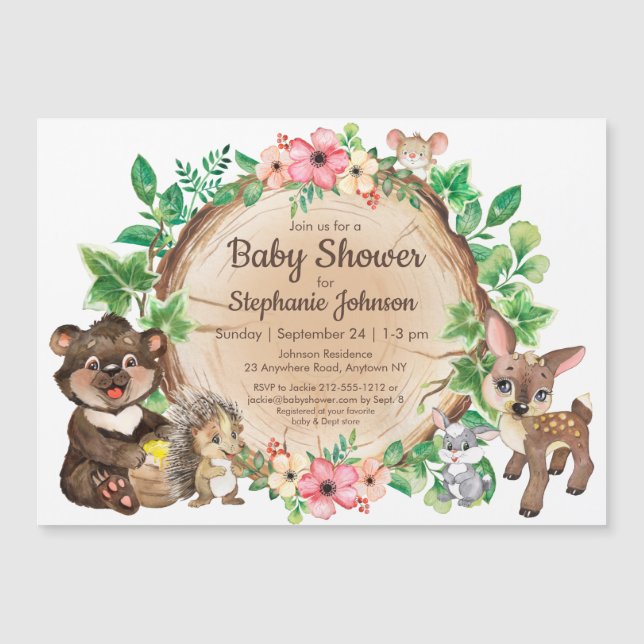 Woodland Rustic Animal Gender Neutral Baby Shower Magnetisk Inbjudningskort (Framsida)