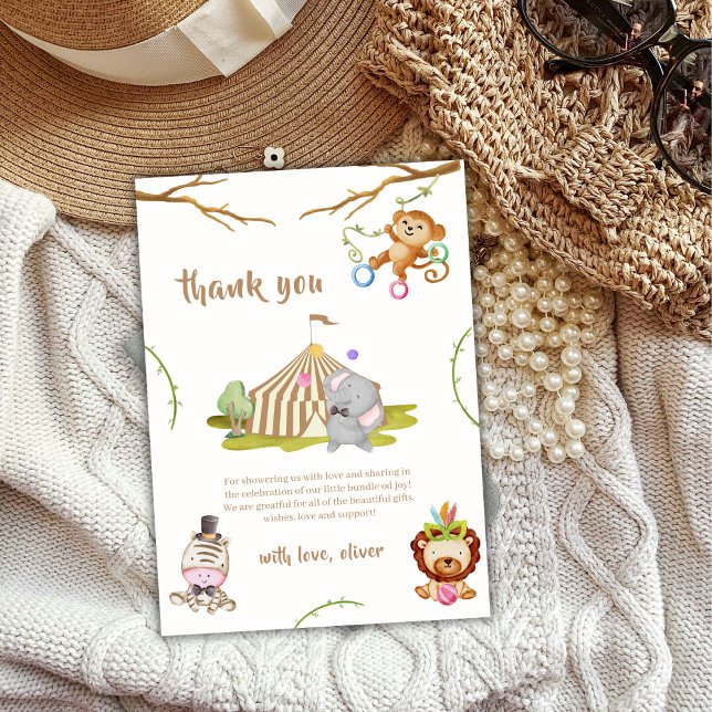 Woodland Safari Animal Circus Baby Shower Tack Kort (Woodland Safari Animal Circus Baby Shower Thank You Card)