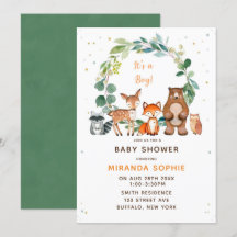 Woodland Safari Animals Boy Baby Shower-inbjudan