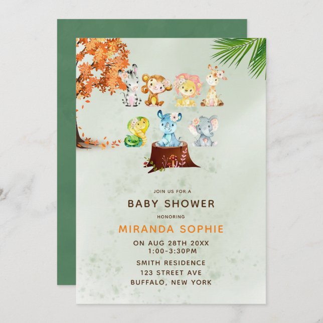 Woodland Safari Animals Boy Baby Shower-inbjudan Inbjudningar (Fram/baksida)