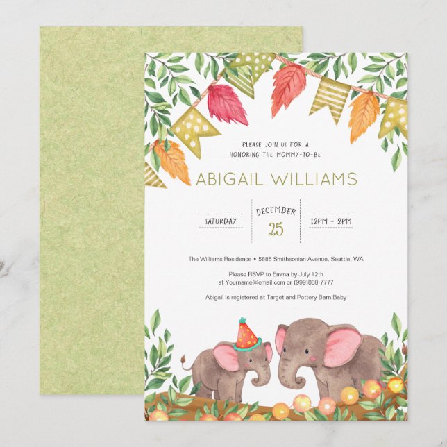 Woodland Safari Elephant Baby Shower-inbjudan Inbjudningar (Fram/baksida)