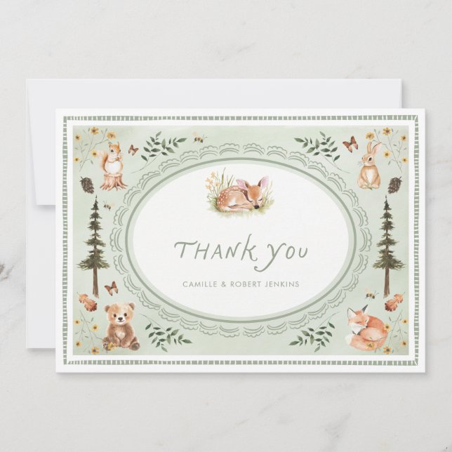 Woodland Sage Green Baby Shower Thank you Card Tack Kort (Framsida)