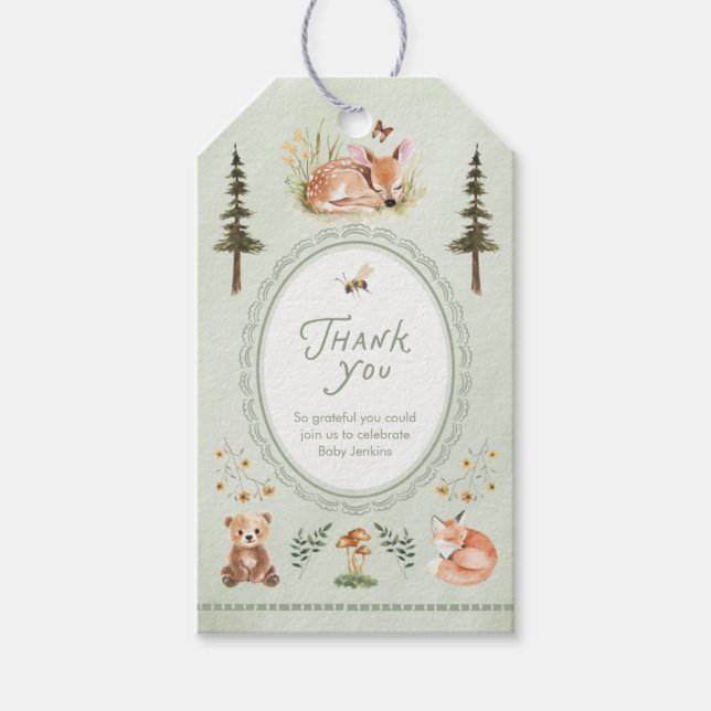 Woodland Sage Green Baby Shower Thank You Presentetikett (Framsidan)