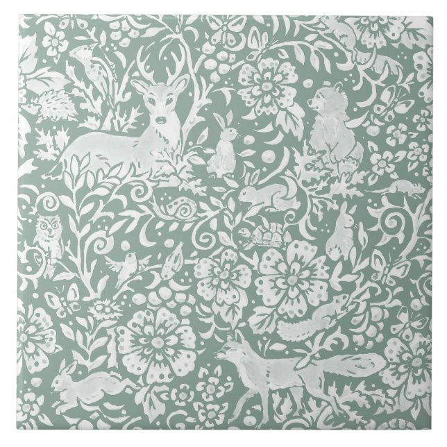 Woodland Sage Grönt Forest Animals Hjort Fox Rabbi Kakelplatta (Framsidan)
