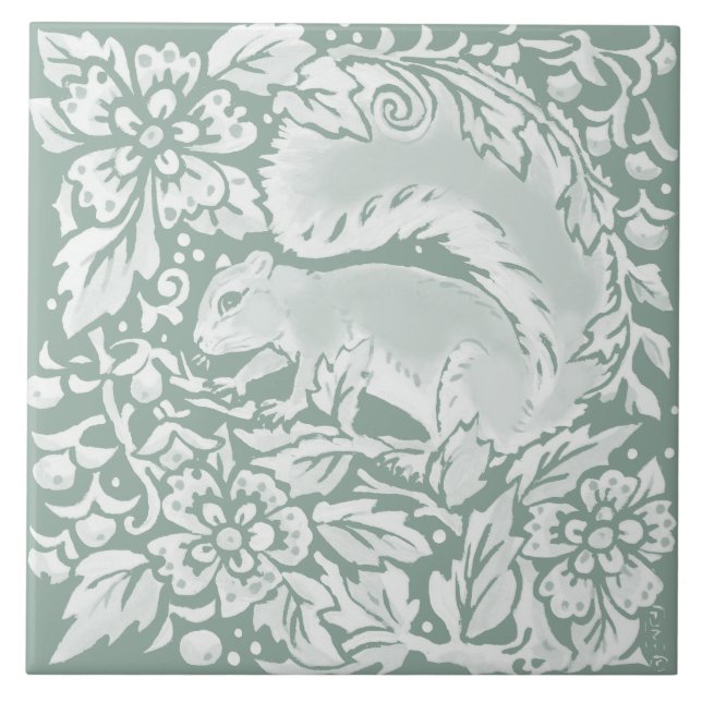 Woodland Sage Grönt Squirrel Nature Ceramic Tile Kakelplatta (Framsidan)