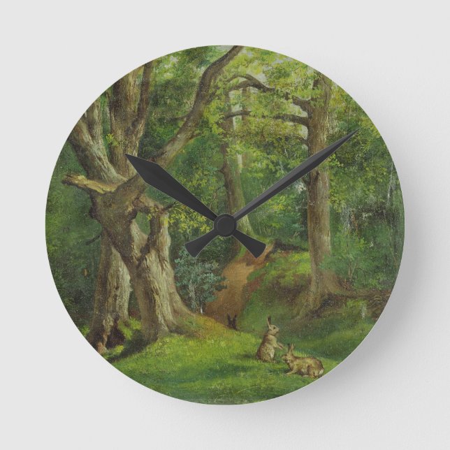 Woodland Scene med kaniner, 1862 (olja på kanvas) Rund Klocka (Framsida)
