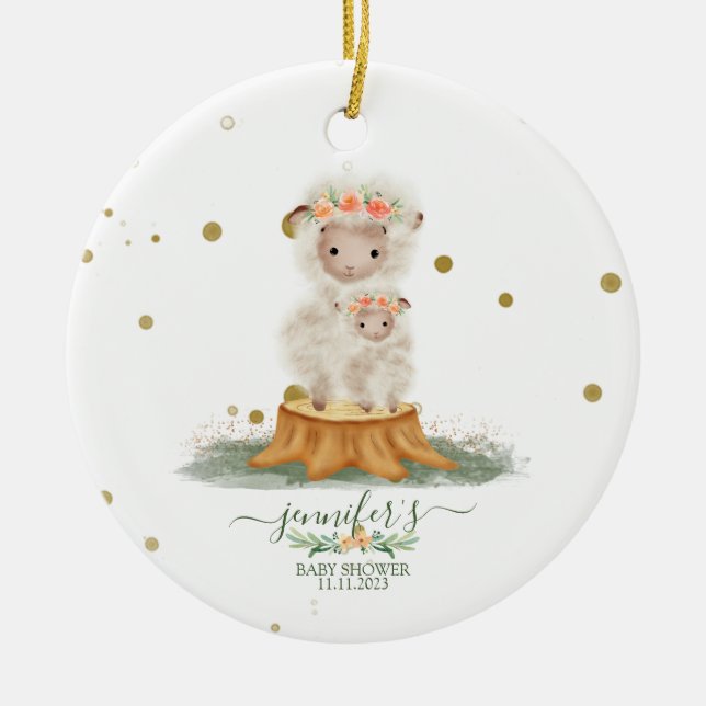 Woodland Sheep christmas baby shower Julgransprydnad Keramik (Framsidan)
