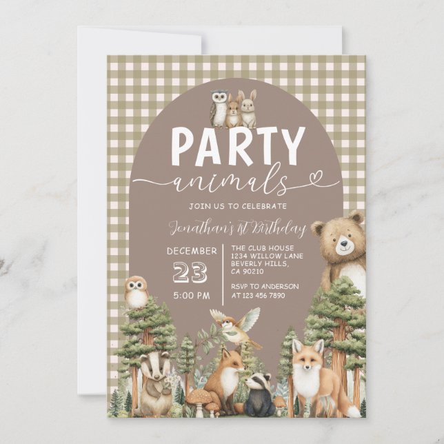 Woodland Skogsfest Djur 1-årsdag Gingham Inbjudningar (Framsida)