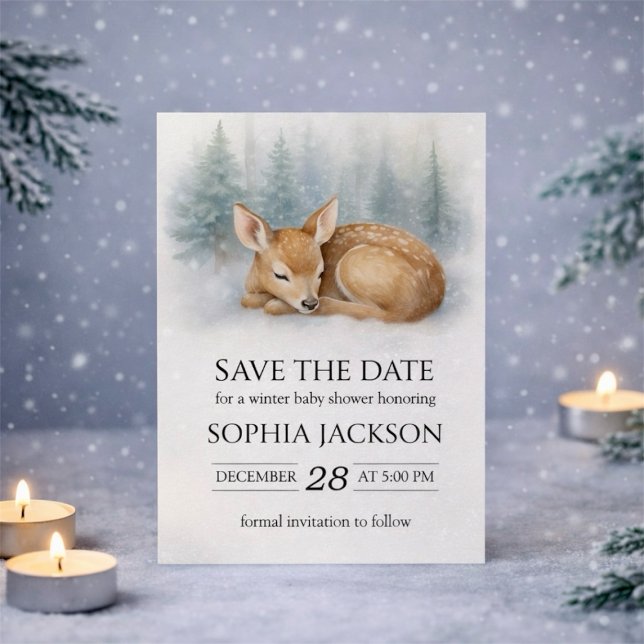 Woodland Sleeping Baby Deer Winter Baby Shower Spara Datumet (Woodland Sleeping Baby Deer Winter Baby Shower Save The Date)