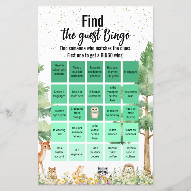 Woodland sött djur Babydusch Bingo-spel (Framsida)