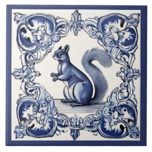 Woodland Squirrel Animal Art Navy Blue & White Kakelplatta