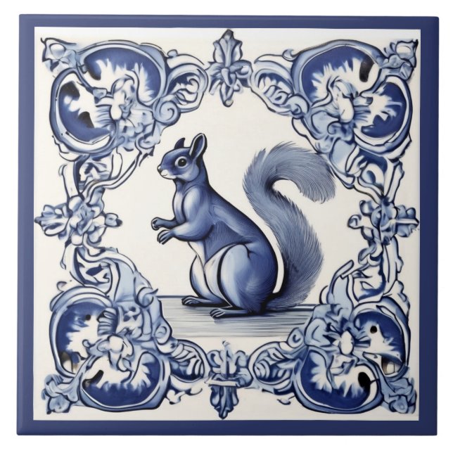 Woodland Squirrel Animal Art Navy Blue & White Kakelplatta (Framsidan)