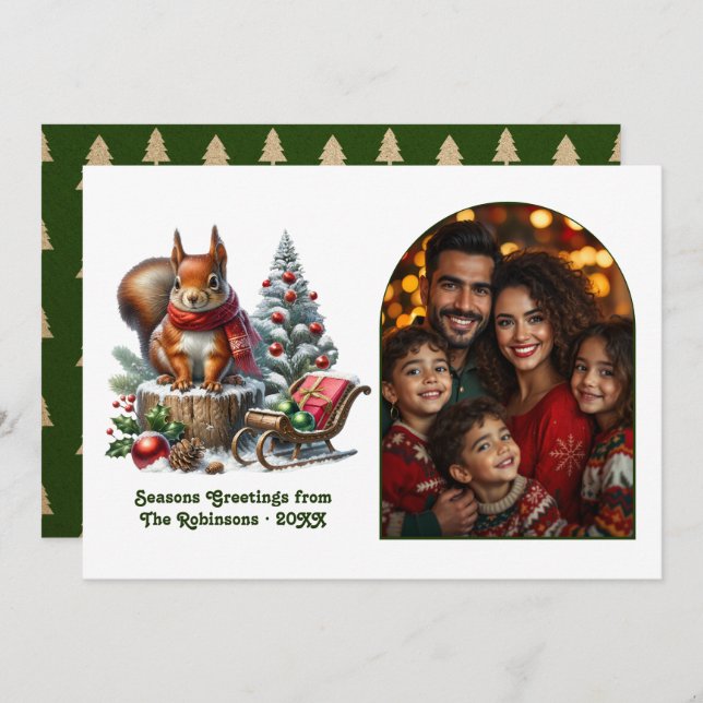 Woodland Squirrel Festive Forest Christmas Photo Julkort (Fram/baksida)