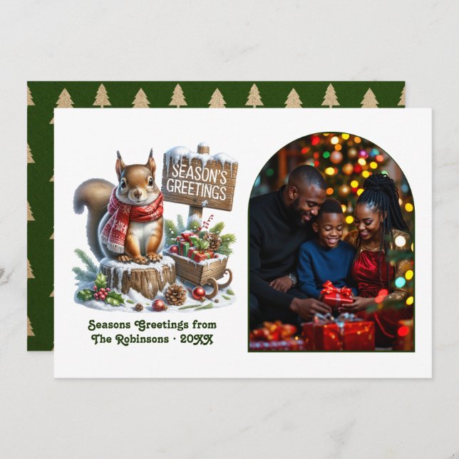 Woodland Squirrel Rustic Forest Christmas Photo Julkort (Fram/baksida)