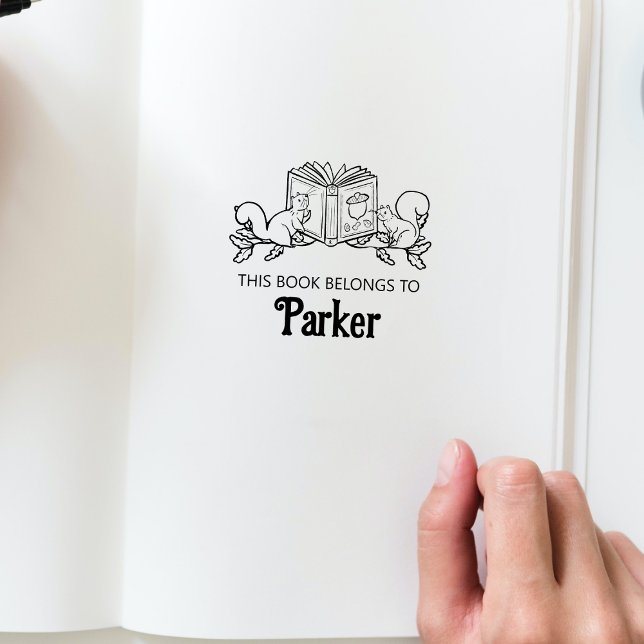 Woodland Storybook Squirrels Baby Bok Frimärke Stämpel (This book belongs to personalized bookplate stamp in the Woodland Storybook Baby Shower Collection.)