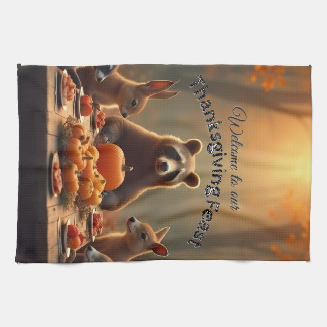 Woodland Thanksgiving Party Friends and Family Kökshandduk (Horisontell)