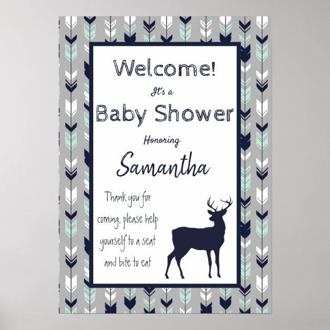 Woodland Theme Baby Shower Poster - Mint, Navy, gr (Framsidan)