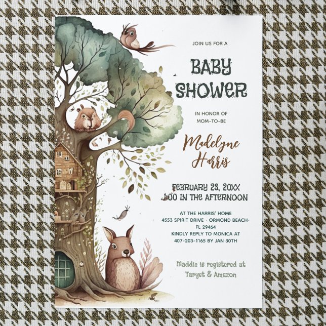 Woodland Träd Animals Kön Neutral Baby Shower Inbjudningar (Skapare uppladdad)
