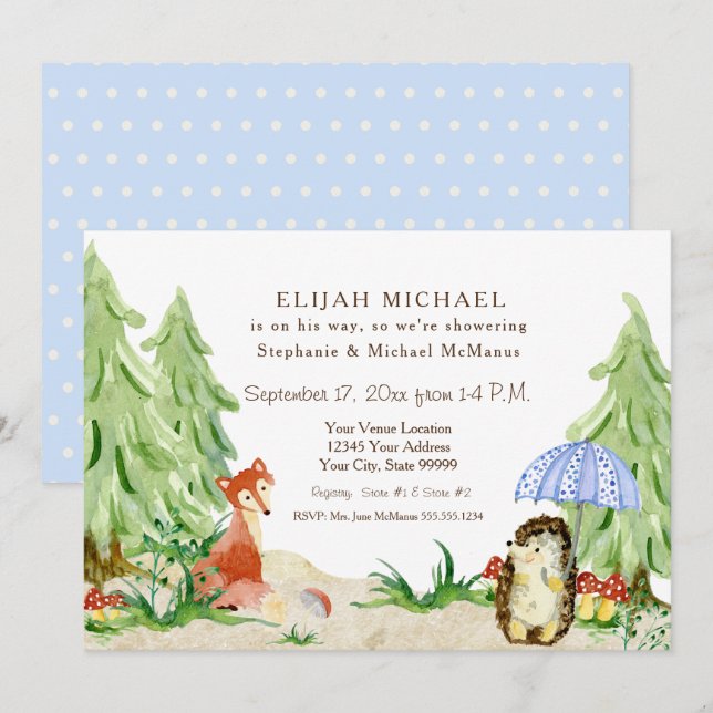 Woodland Träd Forest Fox Hedgehog Boy Shower Inbjudningar (Fram/baksida)