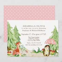 Woodland Träd Forest Fox Hedgehog Girl Baby Shower Inbjudningar