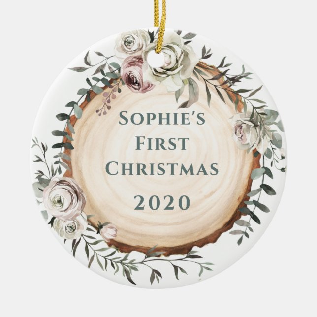 Woodland Träd Slice med blommor | Baby First Julgransprydnad Keramik (Framsidan)