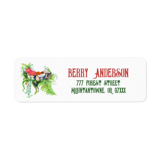 Woodland Treasures Red Mushroom Ivy Fern Returadress Etikett (Framsidan)