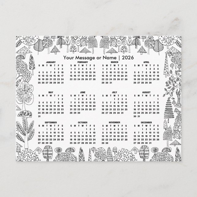 Woodland Trees 2026 Calendar Personalized Vykort (Framsida)