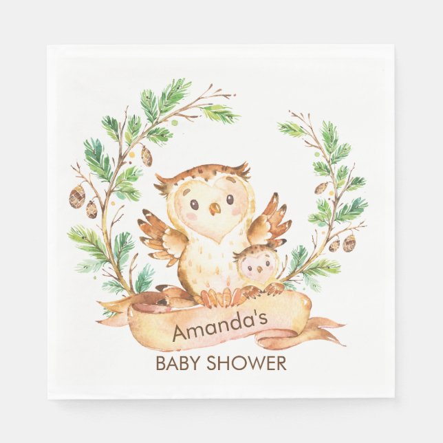 Woodland Uggla Baby Shower Papper Napkins Pappersservett (Framsidan)