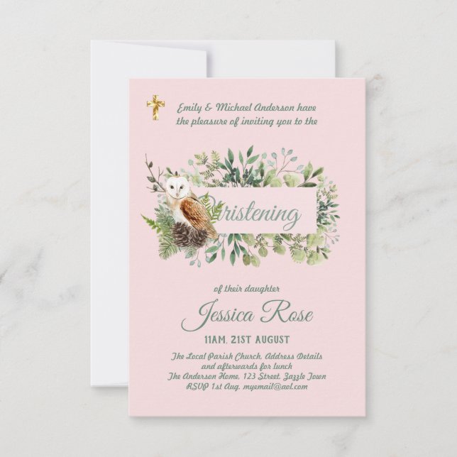 Woodland Uggla Girls Christening Inbjudan Baptism (Framsida)