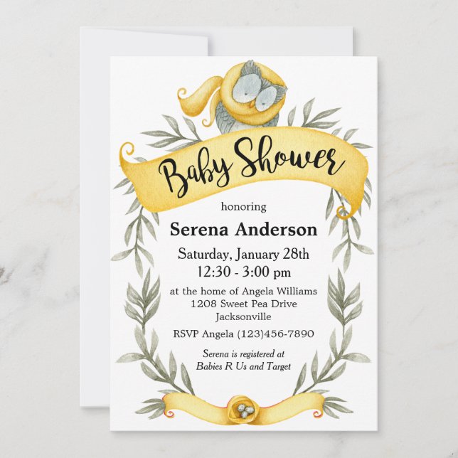 Woodland Uggla i Gult Scarf Baby Shower Inbjudningar (Framsida)