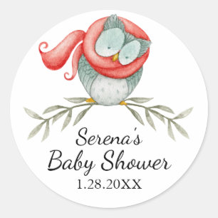 Woodland Uggla i Red Scarf Baby Shower Runt Klistermärke
