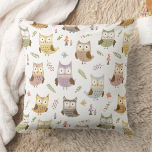 Woodland Uggla Mönster, Kids White och Brown Kudde