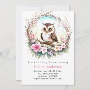 Woodland Uggla Rosa Blommigt Baby Shower Inbjudningar