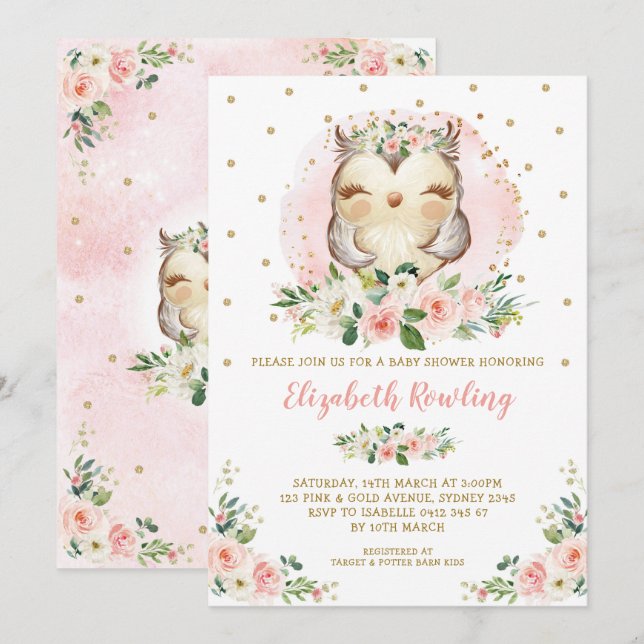 Woodland Uggla Rosa Guld Blommigt Flickbabyskor Inbjudningar (Fram/baksida)