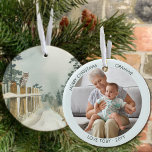 Woodland Väg Watercolor Personlig Photo Julgransprydnad Keramik<br><div class="desc">Fotojulprydnad som du kan anpassa till Grammie eller någon annan! Konstruktionen har en vattenfärgscen på eleganten på ena sidan av ett träd-invändigt skogsland väg med uggla och rån på stängselstället. På den andra sidan finns ditt foto och din namn eller annan anpassningsbar. Fotomallen visningar fotot i runda format så om...</div>