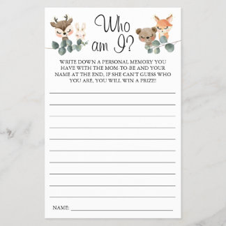Woodland Vem är jag Baby Shower-spelkort? Flygblad