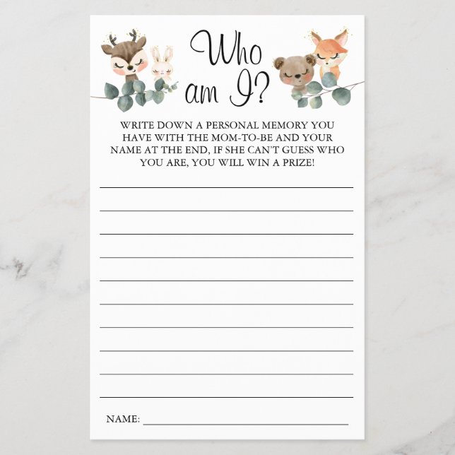 Woodland Vem är jag Baby Shower-spelkort? Flygblad (Framsidan)