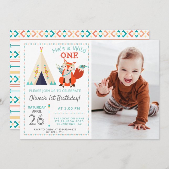 Woodland Vild One Fox Boho Boy 1 Birthday Photo Inbjudningar (Fram/baksida)