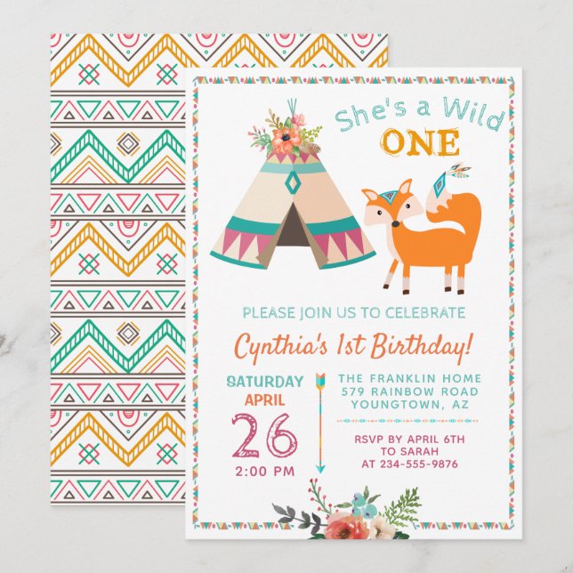 Woodland Vild One Fox Boho Girl 1st Birthday Inbjudningar (Fram/baksida)