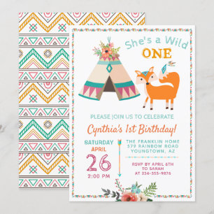 Woodland Vild One Fox Boho Girl 1st Birthday Inbjudningar