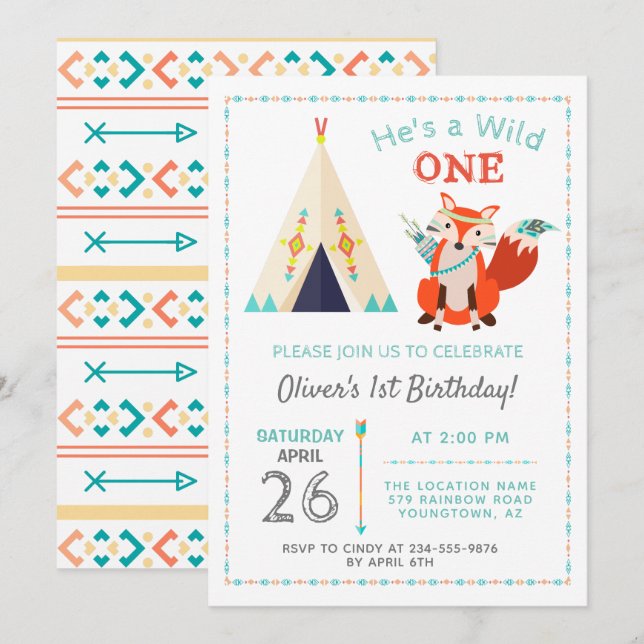 Woodland Vild One Fox Boho Teepee Boy1st Birthday Inbjudningar (Fram/baksida)