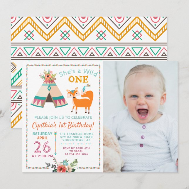 Woodland Vild One Fox Teepee 1st Birthday Photo Inbjudningar (Fram/baksida)