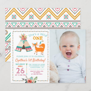 Woodland Vild One Fox Teepee 1st Birthday Photo Inbjudningar