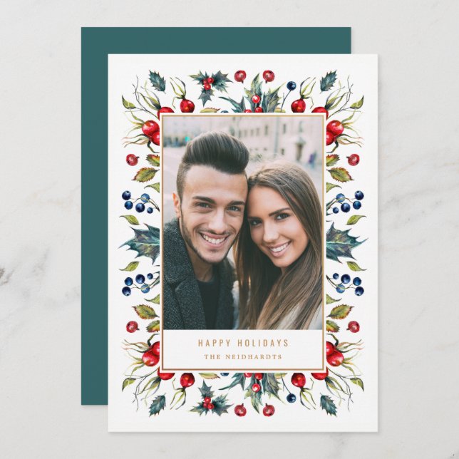 Woodland Watercolor Berries Ram julfoto Julkort (Fram/baksida)