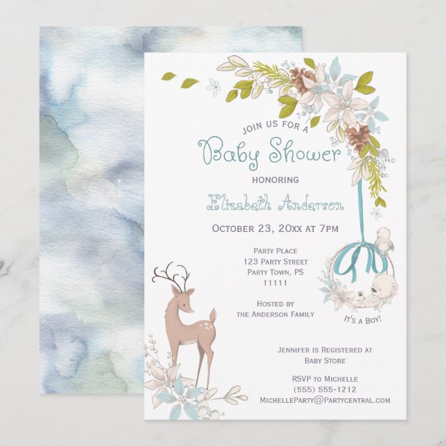 Woodland Watercolor Blommigt Baby Shower Boy Inbjudningar (Fram/baksida)