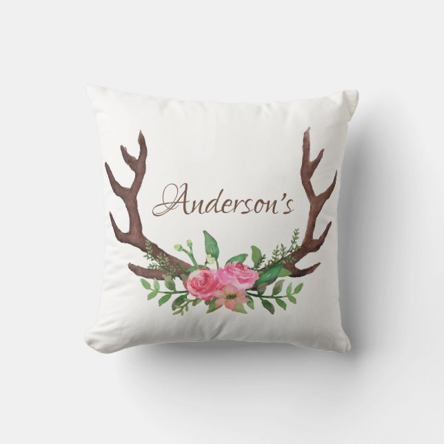 Woodland Watercolor Blommigt Ro Hjort Buck Antlers Kudde (Framsida)